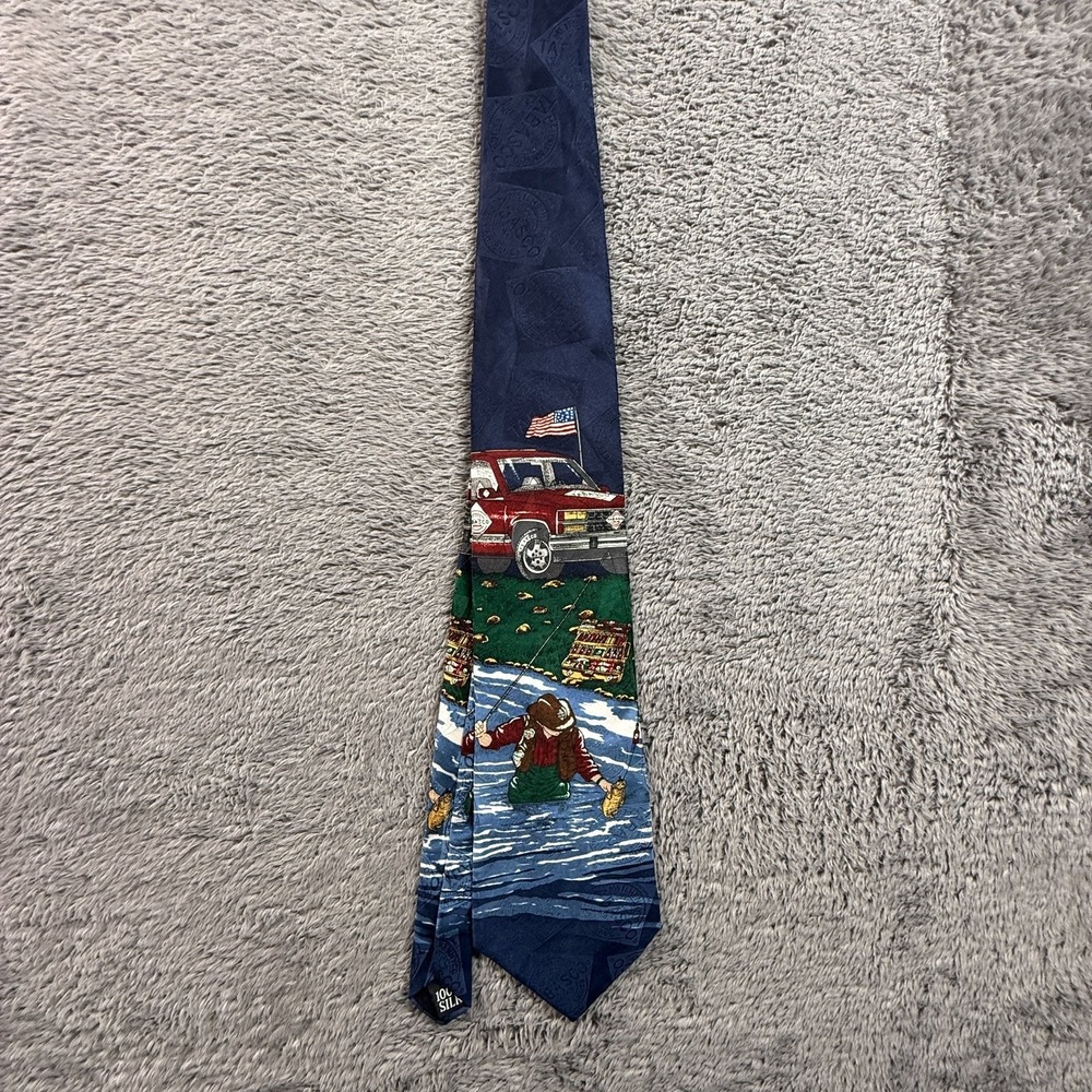 Tabasco 100% Silk Novelty Tie Blue Fishing Outdoor Scene Men's Necktie USA